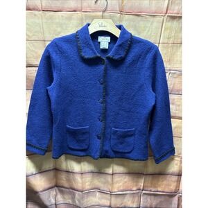 Vintage Talbots Petites Women's Size Medium 100% Wool Blue Button Up Cardigan